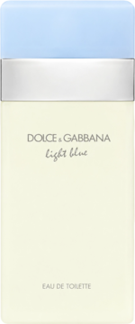 Dolce & Gabbana Light Blue woda toaletowa: kremowy flakon z niebieską nakrętką i srebrnym paskiem, widok z przodu.