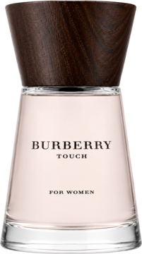 Burberry Touch For Women EDP, butelka z różowym płynem i charakterystyczną drewnianą zakrętką, widok z przodu.