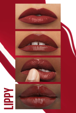 Cztery zbliżenia ust z pomadką Maybelline Super Stay Vinyl Ink Lippy, lśniący, trwały, czerwony kolor.