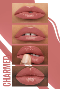 Winylkowa pomadka Maybelline Super Stay w odcieniu Charmed na ustach o różnych karnacjach, błyszczący efekt.
