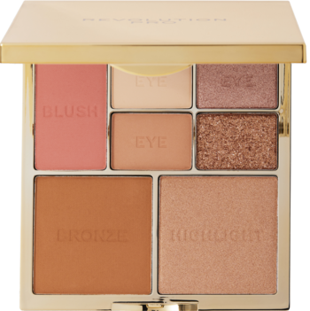 Otwarta, złota paleta Revolution Pro True Love Medium-Deep z różem, bronzerem, rozświetlaczem i cieniami do oczu. Widać opisy.