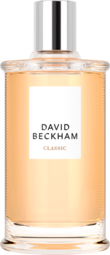 David Beckham Classic woda toaletowa, bursztynowa ciecz, w szklanej butelce z metalową srebrną nakrętką, widok z przodu.