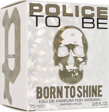 Białe pudełko perfum Police To Be Born To Shine dla kobiet, z metalicznym nadrukiem czaszki i napisem, widok z przodu.