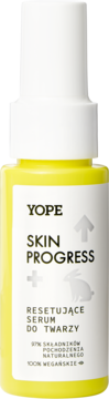 Yope Skin Progress Resetujące Serum Do Twarzy w żółtej butelce z białym dozownikiem, widok z przodu.