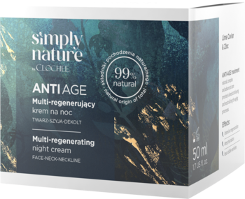 Ciemnozielone pudełko kremu Simply Nature Clochee Anti-Age, multi-regenerujący krem na noc, 99% naturalny.