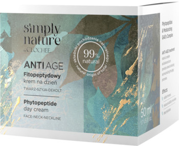 Clochee Simply Nature Anti Age Phytospeptyde day cream w białym pudełku z turkusowo-złotym wzorem, widok z kąta.