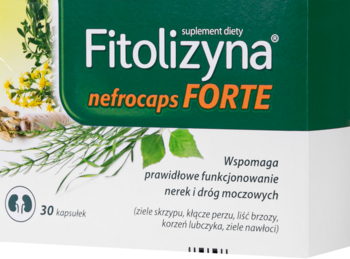 Zielono-białe opakowanie ziołowego suplementu Fitolizyna nefrocaps FORTE na nerki, zbliżenie.