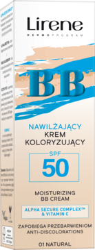 Krem BB Lirene Nawilżający SPF 50, odcień 01 Natural, w beżowo-niebieskim kartoniku, widok z przodu.