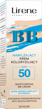 Opakowanie kremu BB Lirene 02 Nude SPF 50, nawilżającego, z Alpha Secure Complex, widok z przodu.