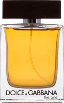 Dolce & Gabbana The One For Men, prostokątna butelka EDT z bursztynowym płynem i ciemną, brązową nakrętką.