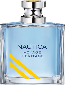 Nautica Voyage Heritage, męska woda toaletowa w szklanej butelce z błękitnym płynem, widok z przodu.