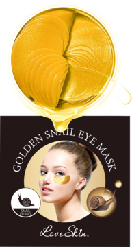 Love Skin Golden Snail Eye Mask z filtrem ze śluzu ślimaka: widok słoika złotych płatków i pudełka z modelką.