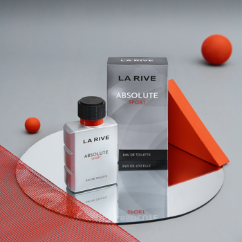 La Rive Absolute Sport męska woda toaletowa, szara butelka i pudełko na lustrze z pomarańczowymi detalami.