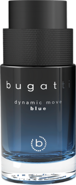Granatowy flakon męskiej wody toaletowej Bugatti Dynamic Move Blue. Widok z przodu, czarna nakrętka z knurlingiem, widoczne logo 'b'.