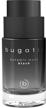 Perfumy Bugatti Dynamic Move Black, orientalno-drzewne, w czarnej butelce z teksturowanym korkiem, widok z przodu.