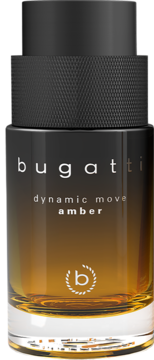 Perfumy Bugatti Dynamic Move Amber, bursztynowy zapach w butelce z czarnym teksturowanym korkiem, widok frontalny.