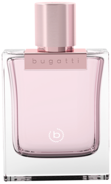 Różowy perfum Bugatti Bella Donna w eleganckiej szklanej butelce, przód z logo i różowym korkiem.