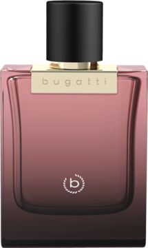 Perfumy Bugatti Bella Donna Intensa, prostokątny flakon z różowo-bordowym gradientem, złotym logo i czarną nakrętką, widok z przodu.