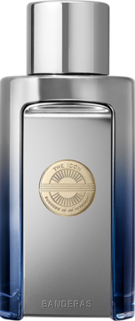 Antonio Banderas The Icon Elixir, woda perfumowana. Srebrna butelka z niebieskim gradientem i złotym medalionem.