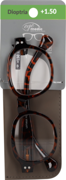 Okulary do czytania +1.50 z oprawkami w brązowo-czarne wzory, w beżowym etui, ujęcie z przodu na opakowaniu Eye Medic.