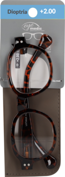 Okulary do czytania Eye Medic +2.00, w brązowym szylkretowym wzorze, z etui, na szarej karcie produktu.