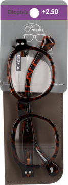 Okulary do czytania +2.50 dioptrii z szylkretowymi oprawkami, w szarym opakowaniu Eye Medic z brązowym etui.