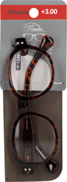 Okulary do czytania eye medic +3.00, brązowo-czarne szylkretowe, w etui, widok z przodu, na szarym tle.