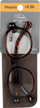 Okulary do czytania Eye Medic +3,50, szylkretowe oprawki, w etui, widoczne w blisterze.