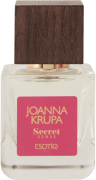 Joanna Krupa Secret Sense perfumy damskie, szklana butelka z różową etykietą i drewnianą nakrętką, front.