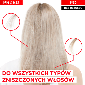 Obraz przed/po: zniszczone włosy vs. odbudowane, lśniące po odżywce Elseve Bond Repair do wszystkich typów.