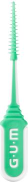 Green and white GUM interdental brush with flexible rubber bristles and ergonomic handle, frontal view.
