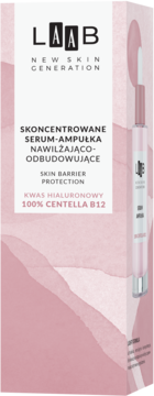 LAAB serum-ampułka nawilżająco-odbudowujące, Centella B12 i kwas hialuronowy. Białe pudełko, różowy wzór, przód.