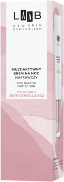 AA LAAB Multiaktywny krem na noc z Centella B12 i melatoniną w różowo-białym pudełku, widok z przodu.