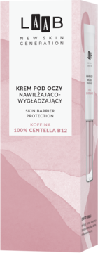 Krem pod oczy AA LAAB nawilżająco-wygładzający z Centella B12 i kofeiną, białe pudełko na różowym tle, widok z przodu.