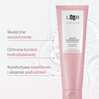 Różowa tubka balsamu emolientowego do demakijażu AA LAAB, z białym napisem, widok z przodu pod kątem.