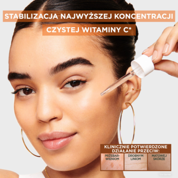 Kobieta aplikuje serum Garnier z witaminą C kroplomierzem. Tekst: Stabilizacja wysokiej koncentracji wit. C.