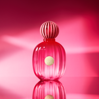Flakon damskiej wody perfumowanej Banderas The Icon w różu, z pionowymi żłobieniami i złotym logo, odbija się w lustrze.