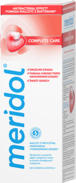 Meridol Complete Care płyn do płukania ust, biało-czerwone pudełko, przód z zębem, chroni dziąsła, bez alkoholu.