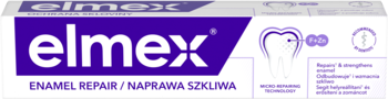 Biało-fioletowy kartonik pasty Elmex Enamel Repair. Widok z przodu z logo, napisem i grafiką regeneracji szkliwa.