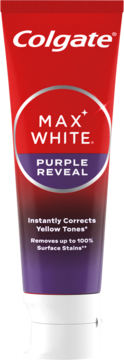 Czerwono-fioletowa tubka pasty Colgate Max White Purple Reveal, z białym napisem i logo, widok z przodu.