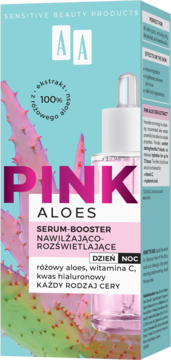 AA Pink Aloes Serum-Booster, nawilżające i rozświetlające, z różowym aloesem, widok pudełka z przodu.