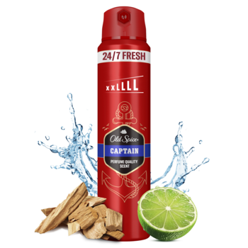 Czerwony dezodorant Old Spice Captain w sprayu 24/7 FRESH, obok limonka, kawałki drewna i woda.