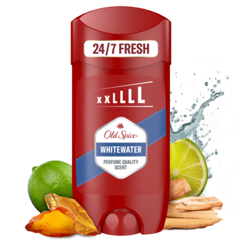Czerwony sztyft Old Spice Whitewater "xxLLL" z napisem "24/7 FRESH", otoczony cytrusami i wodą.