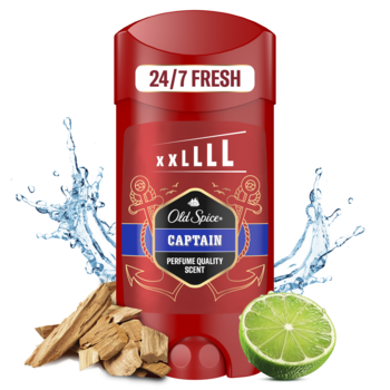 Czerwony dezodorant w sztyfcie Old Spice Captain XXL 24/7 FRESH, otoczony drewnem, limonką i wodą.