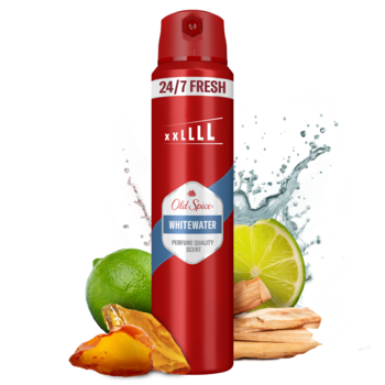 Czerwony dezodorant Old Spice Whitewater 24/7 Fresh, otoczony limonkami, drewienkami i wodą, na białym tle.