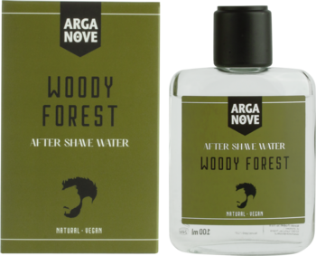 Wegańska woda po goleniu Arganove Woody Forest. Przezroczysta butelka i zielony kartonik z białymi napisami, widok z przodu.