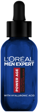 L'Oréal Men Expert Power Age serum z kwasem hialuronowym, niebieska butelka z czarnym kroplomierzem, widok z przodu.