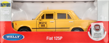 Żółty model Welly Fiat 125P (taxi WPB) w skali 1:34-1:39, widok z boku w pudełku z tworzywa.