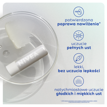 NIVEA Hyaluron Lip Moisture: biała pomadka w szalce laboratoryjnej z żelem nawilżającym, korzyści dla ust.