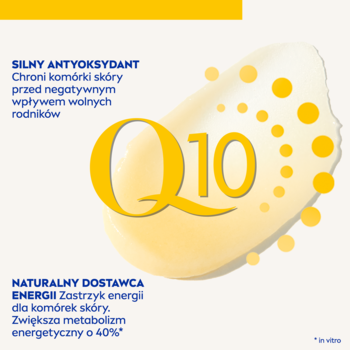 Wizualizacja Q10 NIVEA: kremowy logotyp Q10 na beżowym tle z opisem antyoksydacyjnych i energetycznych korzyści.